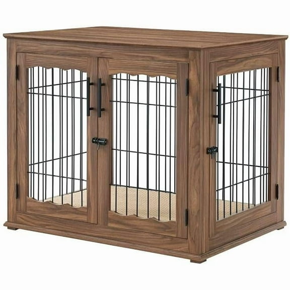 Large Wire Pet Crate with Cushion - Walnut
