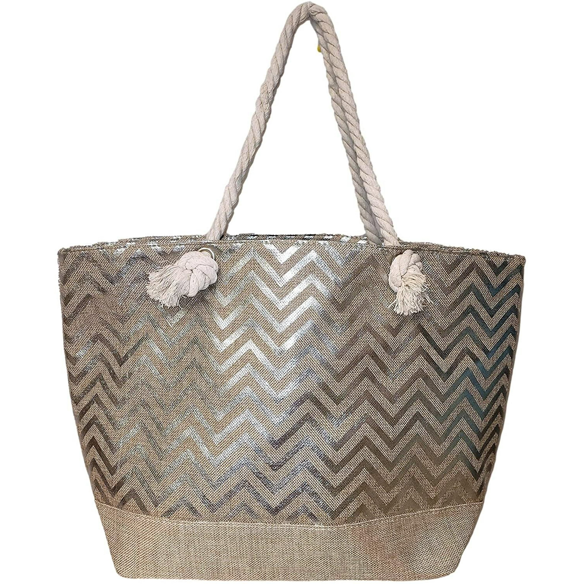 Sona G Designs Large Women Metallic Print Tote Beach Bag with Zipper Top - Can Be Personalized with Initial, Monogram or Name, Women's, Grey