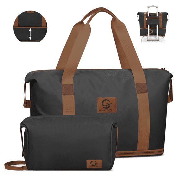 Expandable Weekender Overnight Bag with Toiletry Bag, Travel Duffle Bag with Wet Pocket for Women Men, Multi-purpose Personal Item Bag Sports Gym Bag Hospital Mom Bag for Labor and Delivery, Black