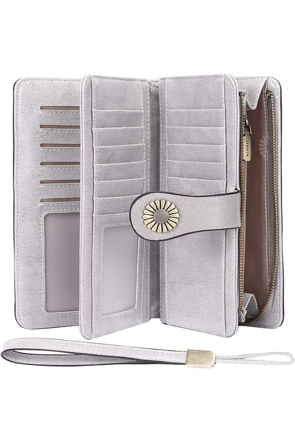 Large Women's Leather Wallet with RFID Protection, 24 Card Slots, and Mobile Phone Compartment in Light Blue