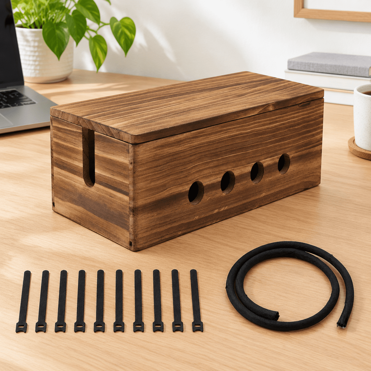 Large Wood Cable Management Box Vintage Walnut Flap Cord Organizer ...