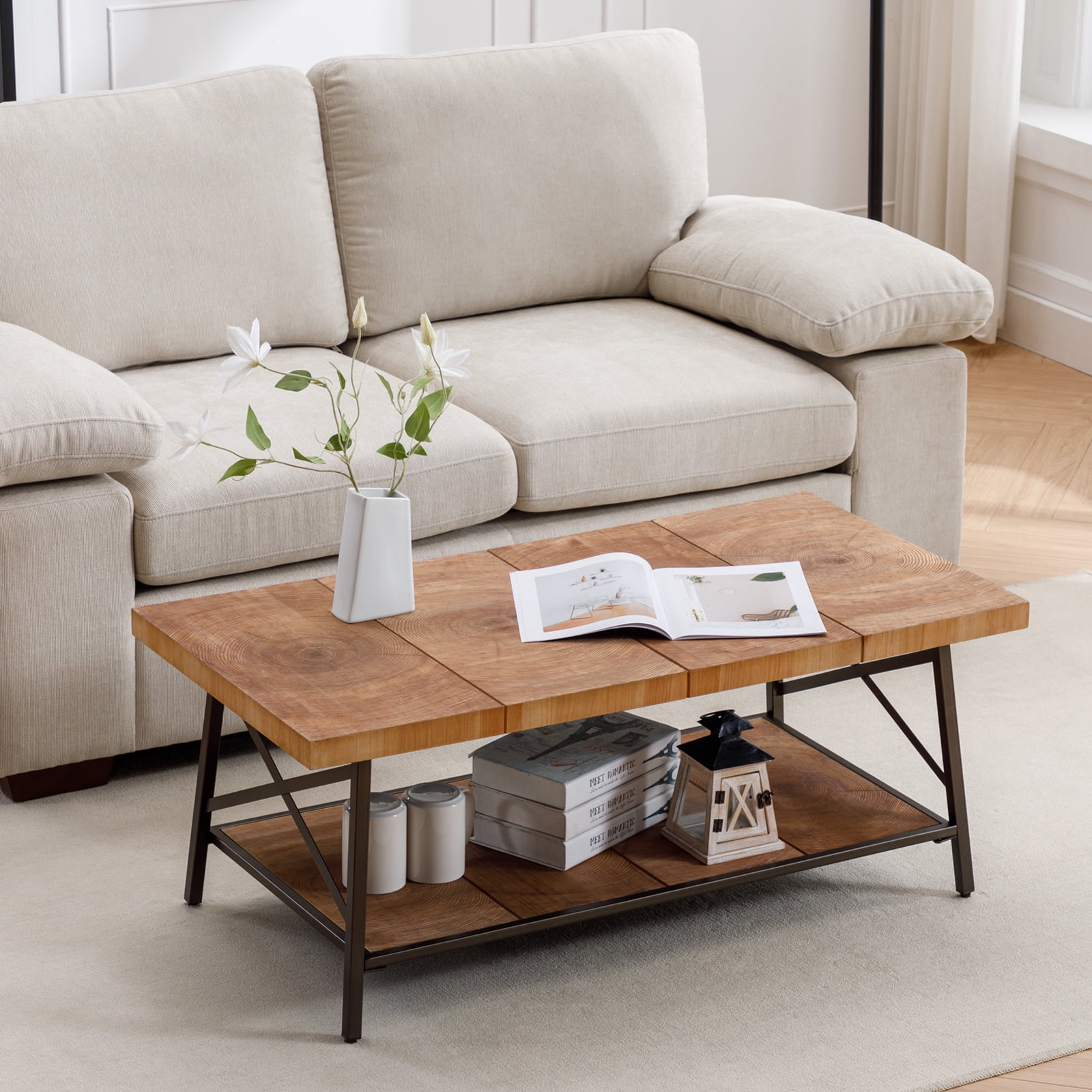 Large Wood Coffee Tables for Living Room, 2Tier Farmhouse Center Table