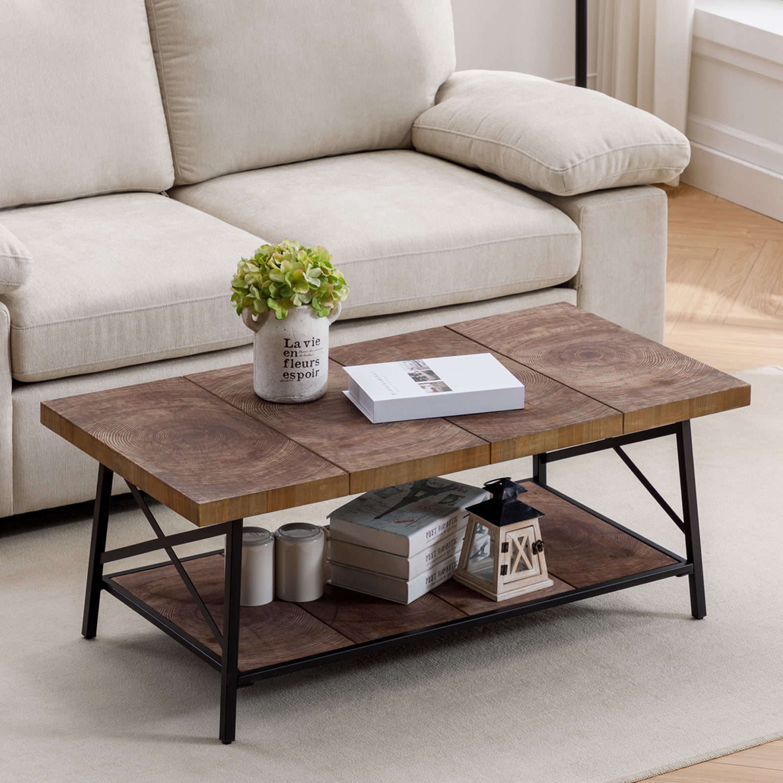 Large Wood Coffee Tables for Living Room, 2Tier Farmhouse Center Table