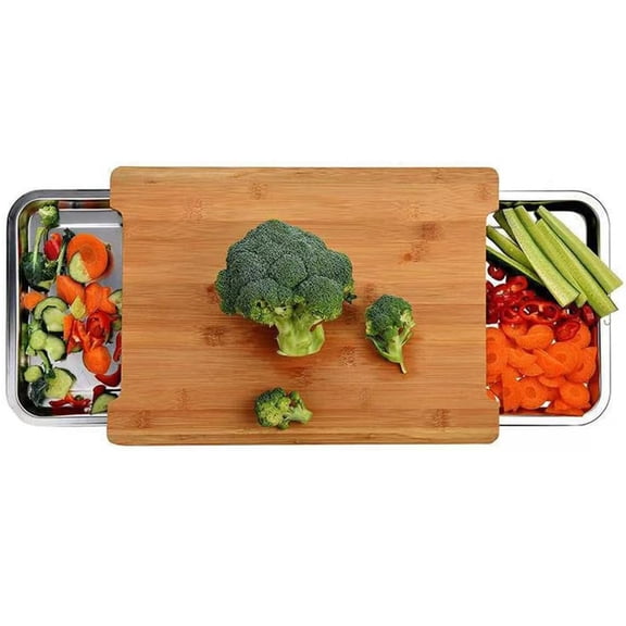 Large Wood Cutting Board with Slide Out Trays, Solid Butcher Block Chopping Station with Juice Groove & Removable Drawers for Kitchen Meal Prep