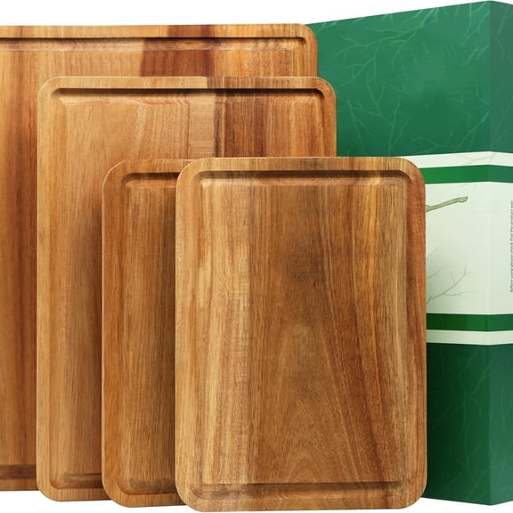 Large Wood Cutting Boards Set of 4 for Kitchen Cheese Charcuterie Board (Gift Box Included) Acacia Butcher Block with Non-slip Mats, Juice Groove and Handles