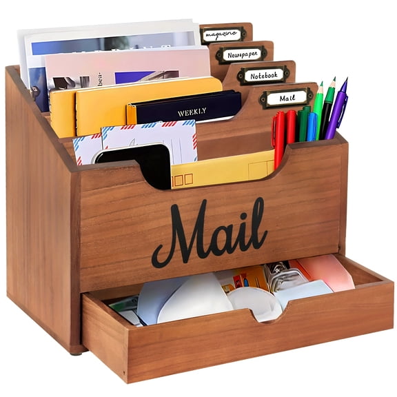 Large Wood Desktop Mail Organizer with 4 Compartments & Drawer – Solid Wood Desk Organizer with Labelable Dividers for Files, Letters, Paper Folders – Gift for Students & Professionals