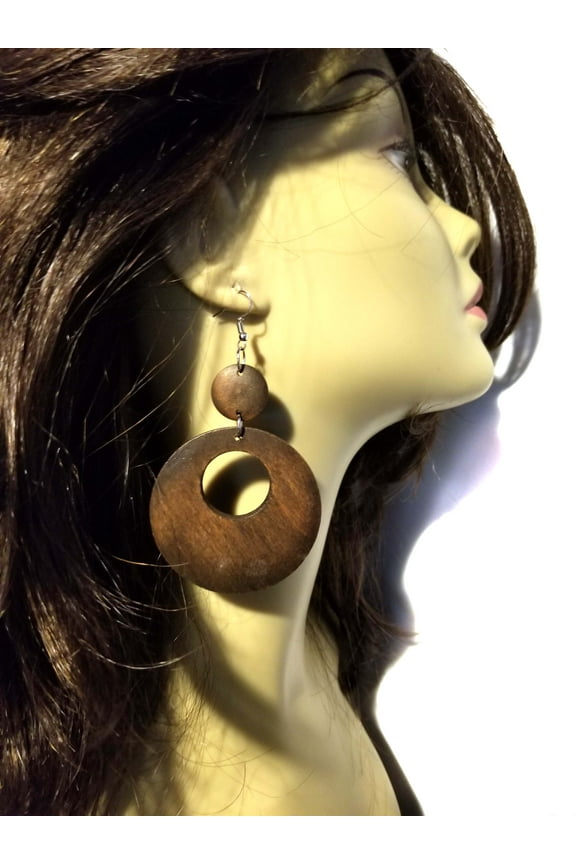 Large Wood Earrings Circle Drop Hoop Earrings Brown Wood 3.25 inch L