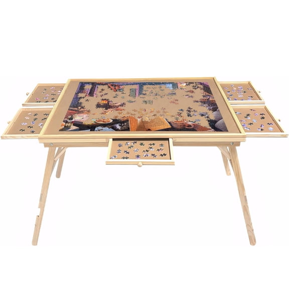 Large Wood Folding Jigsaw Puzzle Board for Adults, 27 H Tall Puzzle Table with Legs, 5 Drawers, 34 W x 26 D, 1500 Piece Puzzle Table, Natural Pine, for Game Room and Living Space