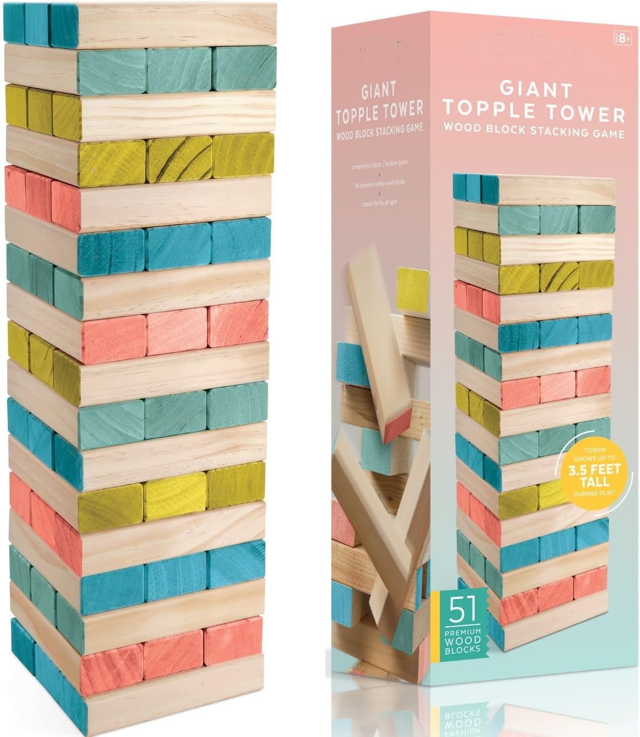 Large Wood Jumbo Blocks Stacking Game, Giant Tower Party Game Wooden Topple Tower Outdoor Yard Games for Adults, Children, Event Planners, and Gift Givers - up to 3.5 feet, 51 Jumbo Stackable Blocks