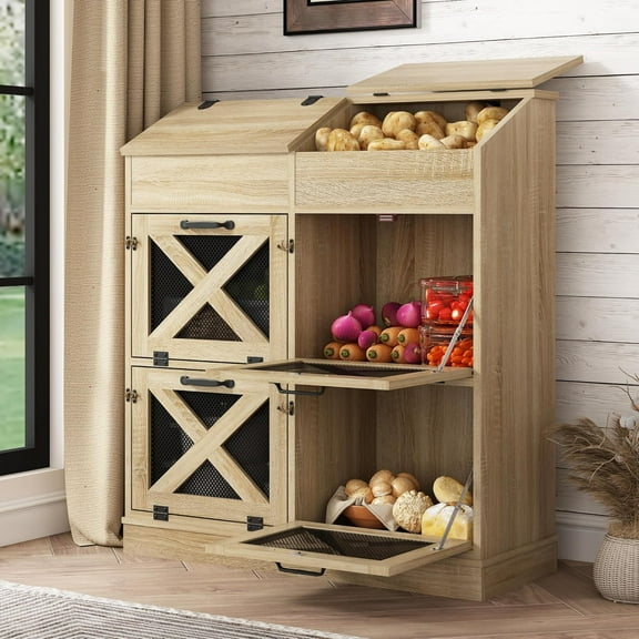 Large Wood Veggie Bin for Potato,Bread,Onion With 6 Large Storage Space. Root Vegetable Storage Box For Kitchen, Farmhouse Wood Potato Box With 4 Mesh Doors,32 * 12.4 * 36 INCH(OAK)