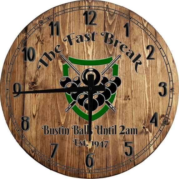 Large Wood Wall Clock 24 Inch Round Bar Wall Art The Fast Break Pool Round Small Battery Operated