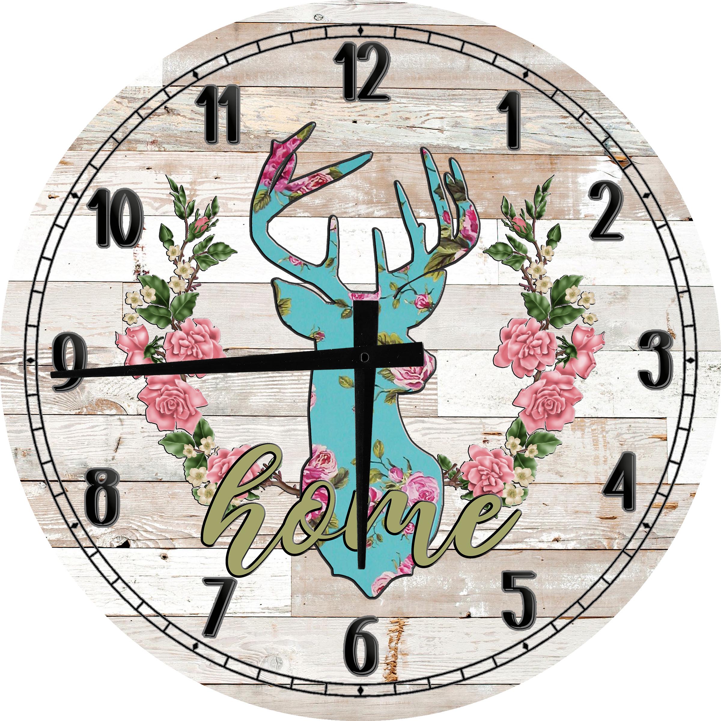 Large Wood Wall Clock 24 Inch Round Boho Wall Art Home Blue Deer Flower ...