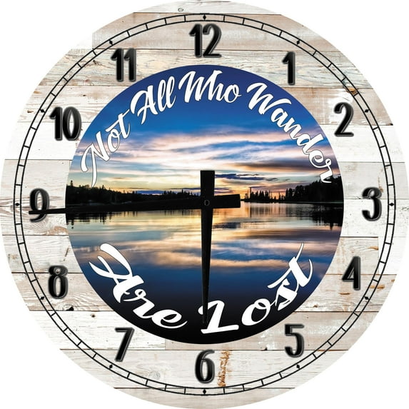 Large Wood Wall Clock 24 Inch Round Cabin Wall Art Not All Who Wander are Lost Lake Sun Rise Set Round Small Battery Operated White