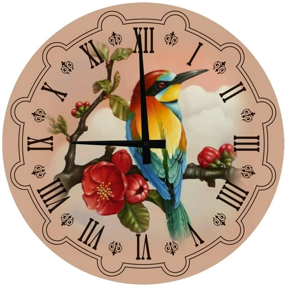 Large Wood Wall Clock 24 Inch Round Colorful Bird on Branch Round Small Battery Operated Wall Art