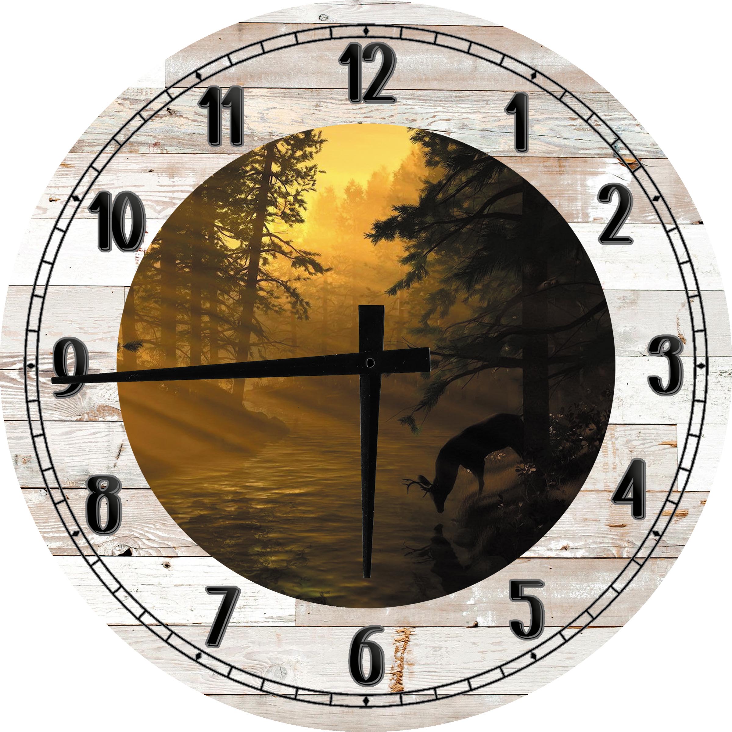 Large Wood Wall Clock 24 Inch Round Deer Wall Art Deer Drinking from a ...