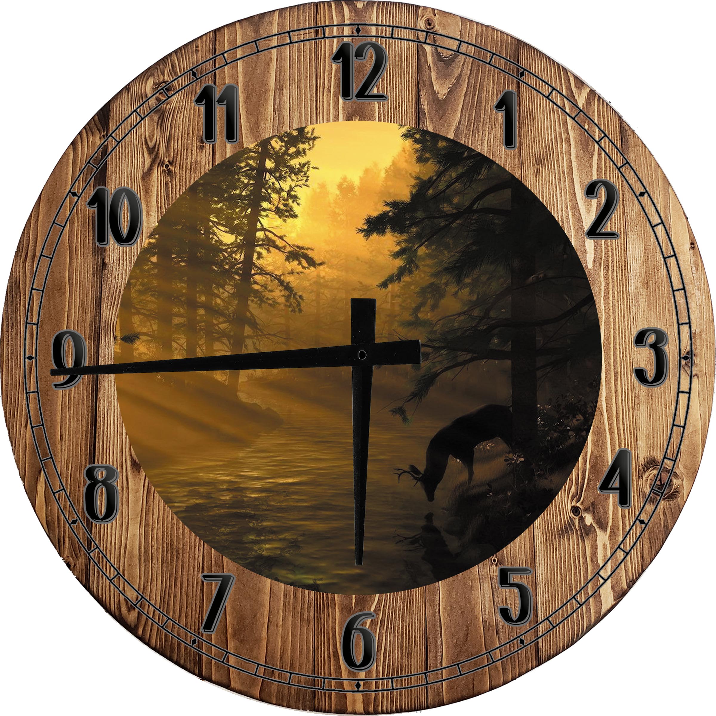 Large Wood Wall Clock 24 Inch Round Deer Wall Art Deer Drinking from a ...