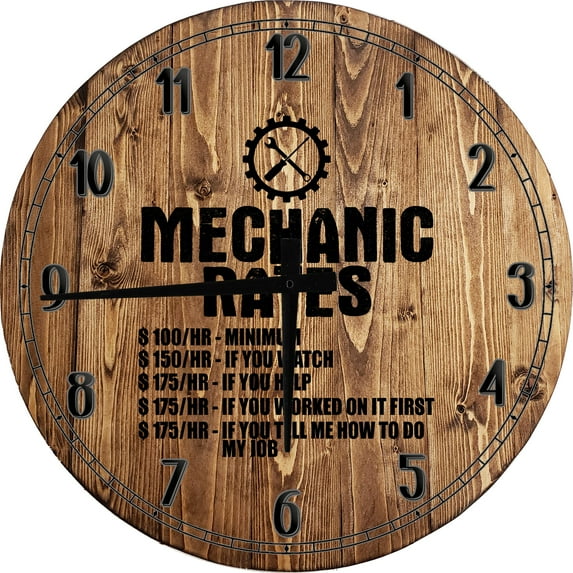 Large Wood Wall Clock 24 Inch Round Garage Wall Art Mechanic Rates Funny Mechanic Garage Round Small Battery Operated