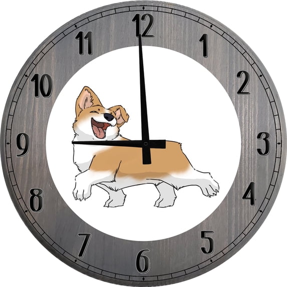 Large Wood Wall Clock 24 Inch Round Happy Cartoon Corgi Wall Art for Corgi Dog Wall Decor Round Small Battery Operated Gray