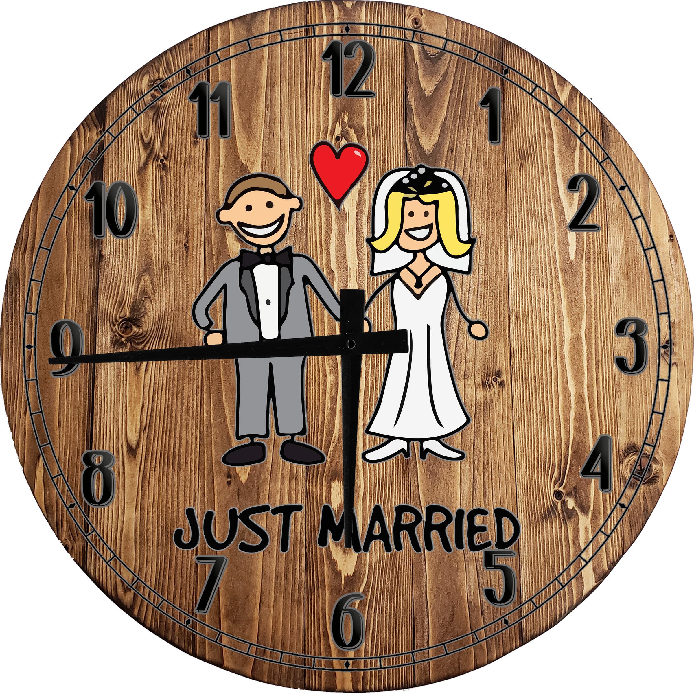 Large Wood Wall Clock 24 Inch Round Just Married Newly Weds Love Couple