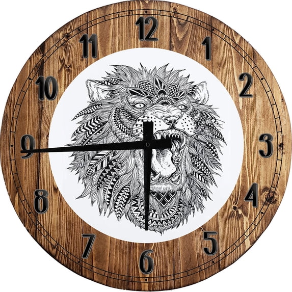 Large Wood Wall Clock 24 Inch Round Lion Boho Grey Wall Art for Bedroom Round Small Battery Operated