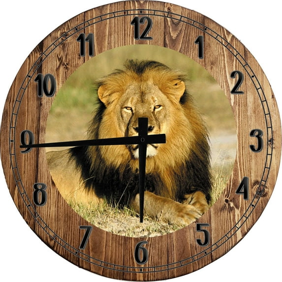 Large Wood Wall Clock 24 Inch Round Lion Wall Art African Lion Predator King with Full Golden Mane Round Small Battery Operated