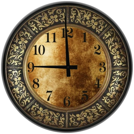 Large Wood Wall Clock 24 Inch Round Maroon and Gold Vintage Round Small Battery Operated Wall Art