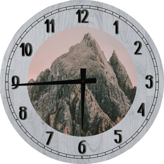 Large Wood Wall Clock 24 Inch Round Neutral Mountain Peak Wall Art Grey Beige Round Small Battery Operated Gray