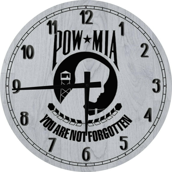 Large Wood Wall Clock 24 Inch Round POW MIA Military Vietnam Veteran War Tribute Round Small Battery Operated Gray Wall Art