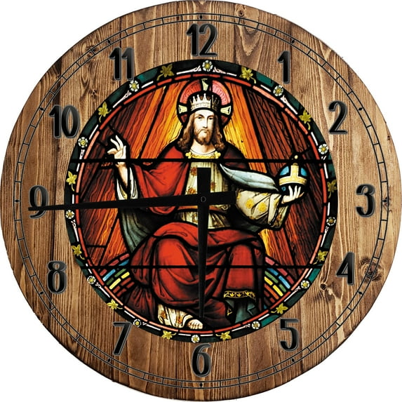 Large Wood Wall Clock 24 Inch Round Religious Wall Art Church Window Saint King John Bible God Stained Glass Window Round Small Battery Operated