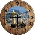 thumbnail image 1 of Large Wood Wall Clock 24 Inch Round Religious Wall Art Rio de Janeiro Statue Overlooking The City Round Small Battery Operated, 1 of 4