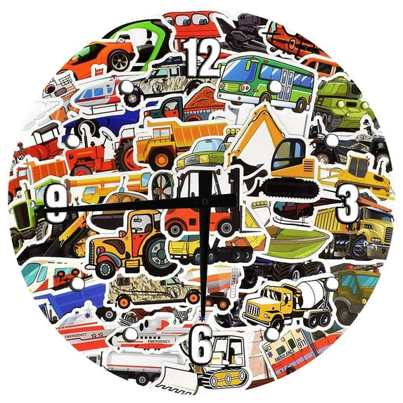 Large Wood Wall Clock 24 Inch Round Trucks Construction Emergency Cars Equipment Sticker Collection Round Small Battery Operated Wall Art