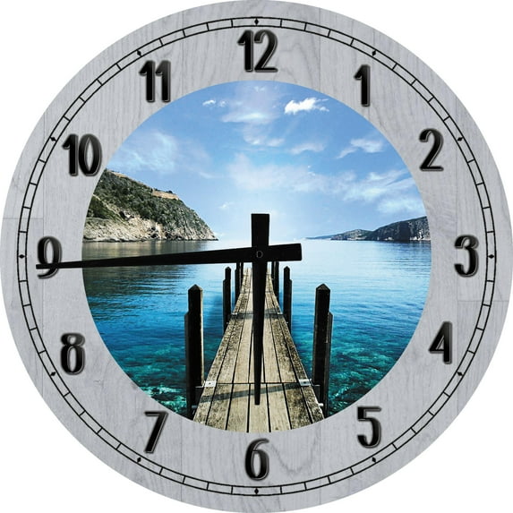 Large Wood Wall Clock 24 Inch Round View from the Dock into the Water, Mountain Valley Lake Round Small Battery Operated Gray Wall Art