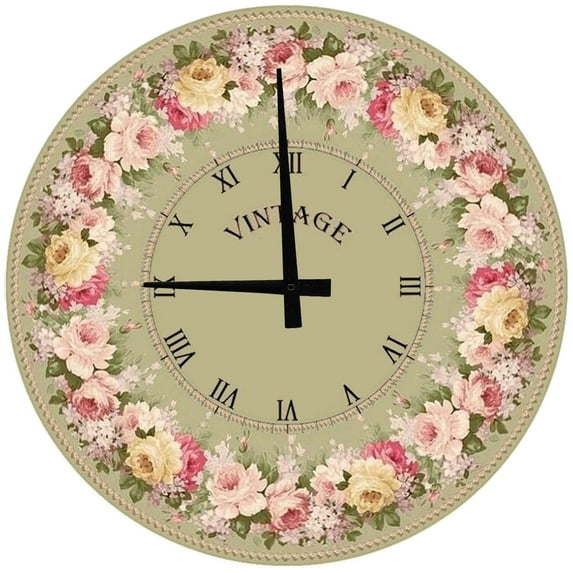 Large Wood Wall Clock 24 Inch Round Vintage Floral Beige Round Small Battery Operated Wall Art