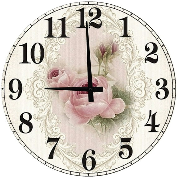 Large Wood Wall Clock 24 Inch Round White Filigree Pink Roses Round Small Battery Operated Wall Art