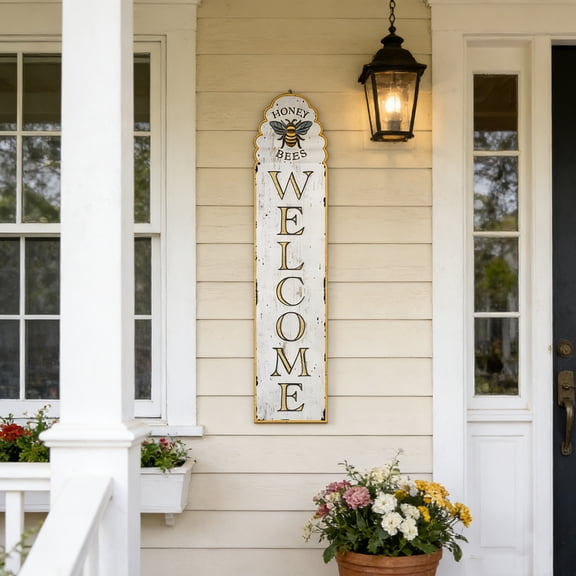 Large Wood Welcome Sign for Front Door,Farmhouse Welcome Wall Decor with Bee Design, Rustic Outdoor Porch Sign Ready to Hang 43x9 Inch