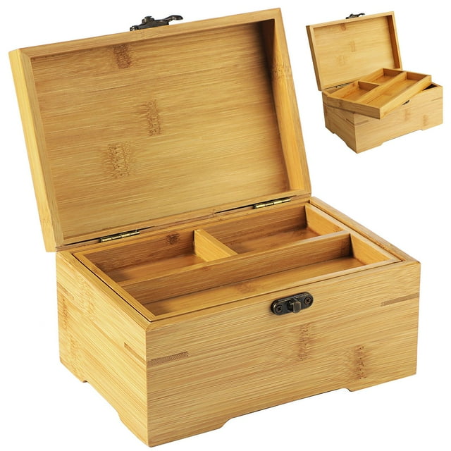 Large Wooden Box with Hinged Lid, Bamboo Wood Storage Box with 2