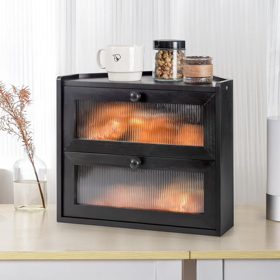 Large Wooden Bread Box with Acrylic Window - 2 Tier Rustic Corner Food Storage Container for Kitchen Countertop, Black