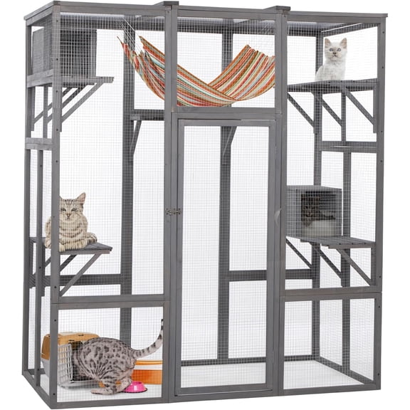 Large Wooden Cat Enclosure Cage Catio Pet Playhouse Run House with Hammock and Solar Top, 63'' x 33'' x 70'' Outdoor Indoor Pet Kennel Playpen with Sisal Rope Pedal and Activity Platforms