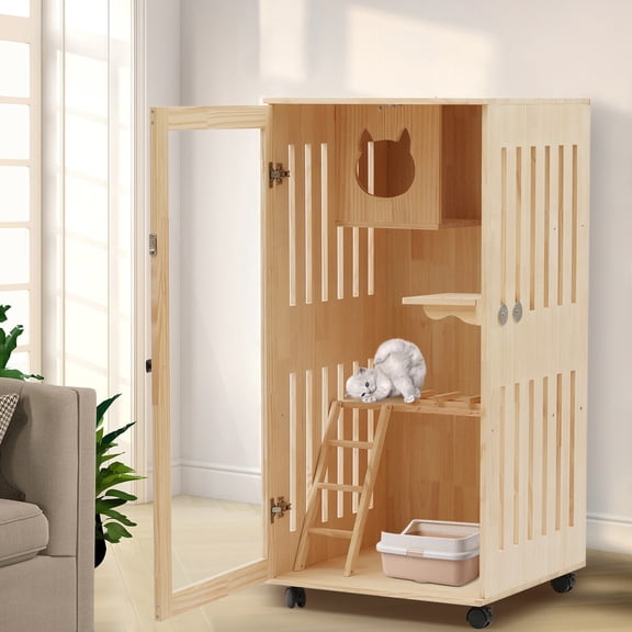 Large Wooden Cat Enclosure Indoor, 47" Tall Catio Cage with Ramp & Covered House, Wood Cat House with LED Light & Wheels, Thickened Pine Wood Cat Cage for Multiple Cats, Indoor Cat Playpen