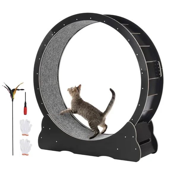Large Wooden Cat Exercise Wheel, 43.3" Indoor Treadmill with Removable Carpet and Teaser Toy, Ideal for Active Cats