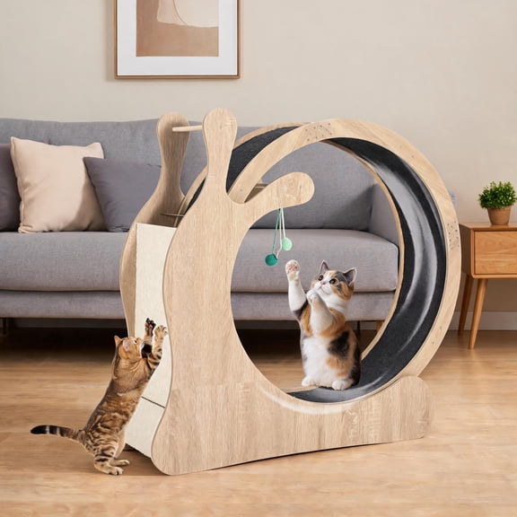 Large Wooden Cat Exercise Wheel for Indoor Cats – Quiet Treadmill, Sisal Scratching Pad, Play Balls, Anti-Slip Wheel, Safe Narrow Gap – Natural Wood, 85cm Inner Diameter