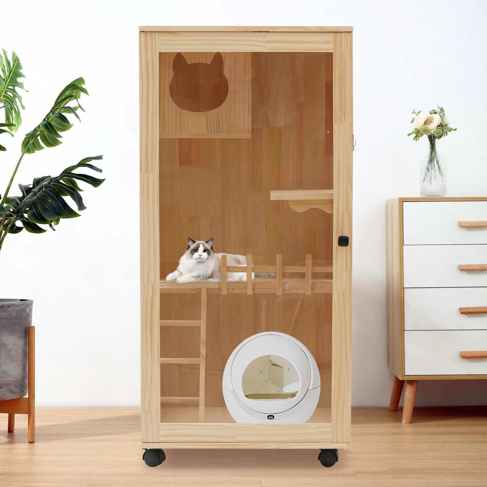 Large Wooden Cat House Indoor Furniture 47 inch Tall Cat Condo with Clear Door and LED Light Spacious Pine Wood Cat Cage