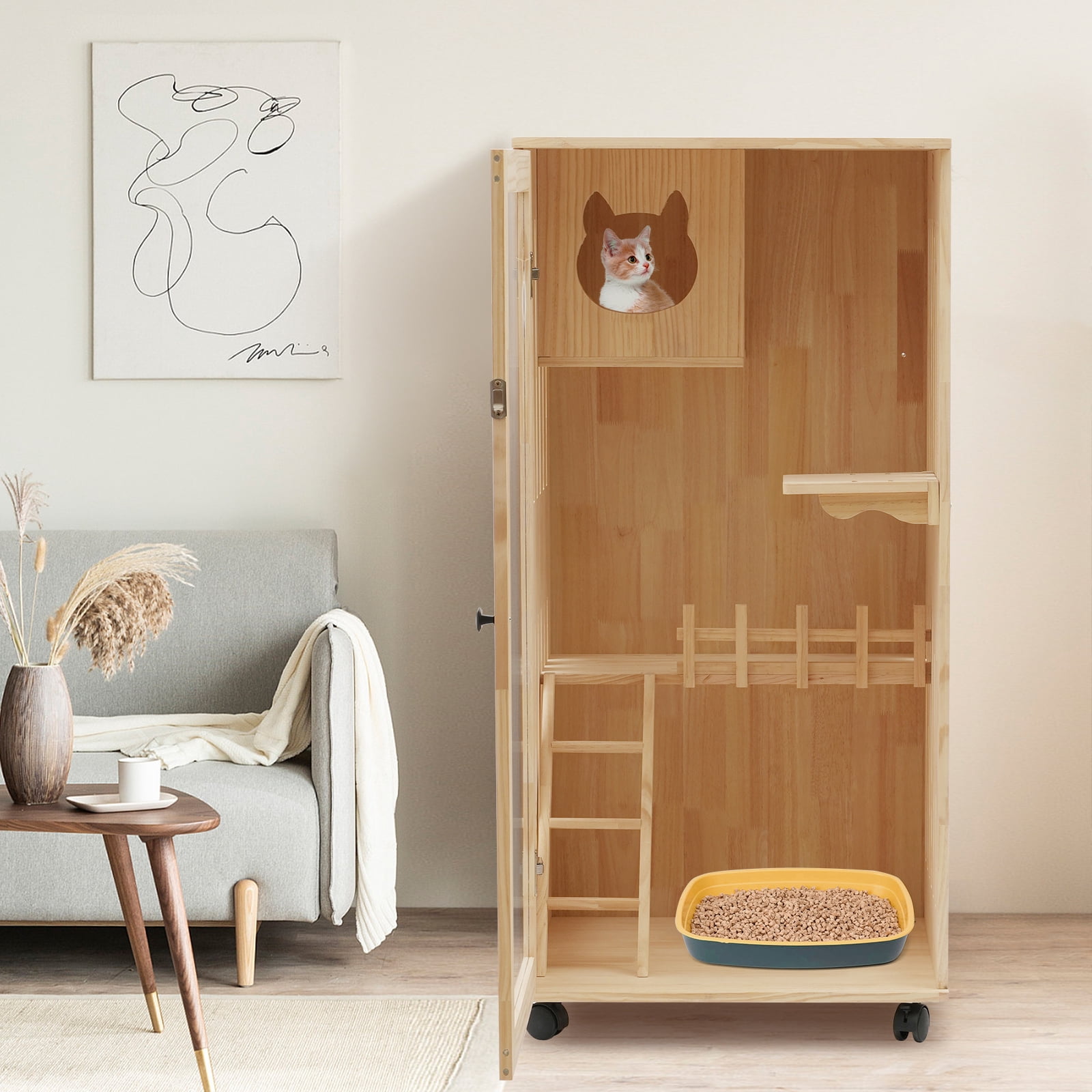 Large Wooden Cat House for Outdoor and Indoor Cats,Luxury Multi-Feature Cat Condo with Cat Scratching Posts Oversized Cat Villa on Wheels