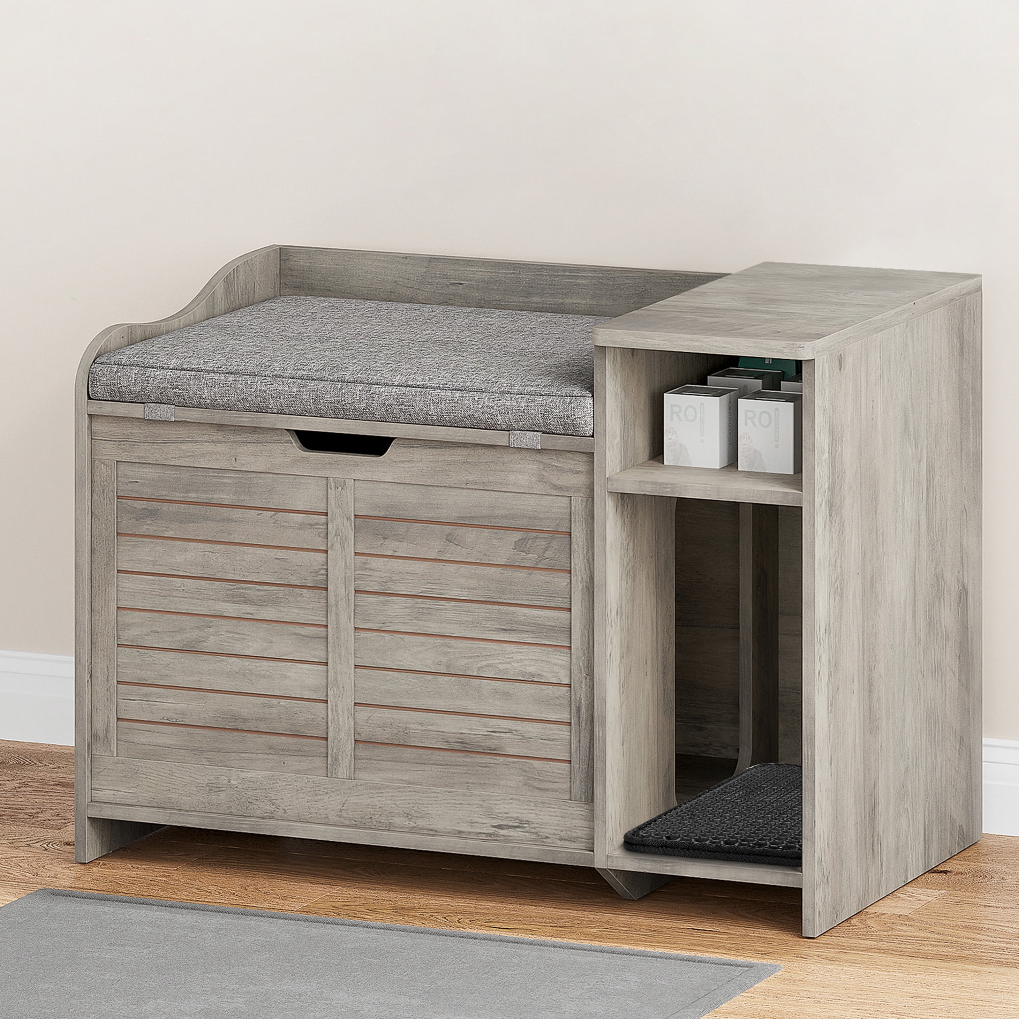 Large Wooden Cat Litter Box Enclosure – Flip-Top Opening, Hidden Storage Shelf, Litter Mat, Cushion & Pad – Covered Cat Washroom Furniture for Indoor & Heavy Cats