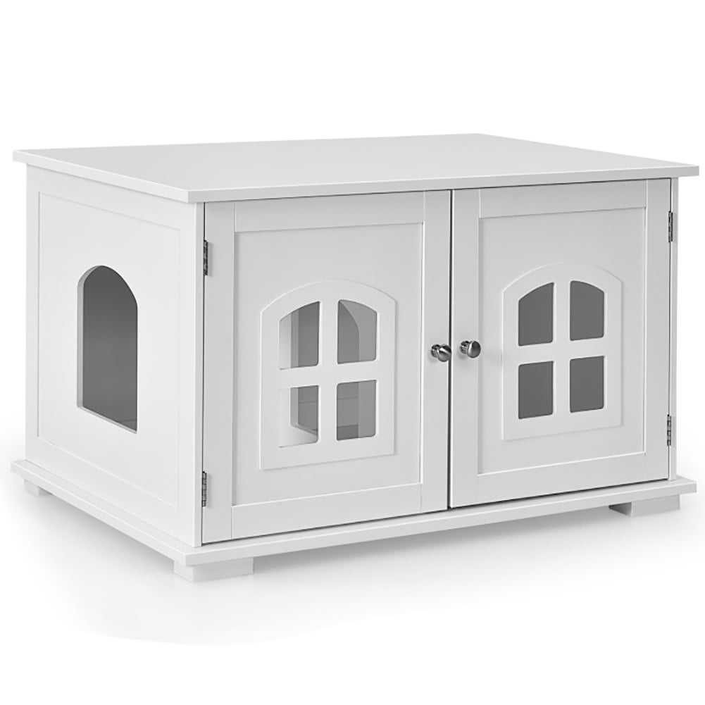 White MDF Freestanding Cat Litter Box Enclosure with Windows