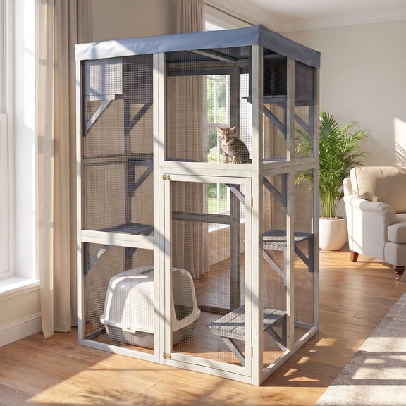 Large Wooden Catio Indoor Cat Enclosure, 70.5" Tall Gray Cat House Solid Wood Cat Playpen with 6 Jumping Platforms, 2 Napping Houses & Movable Tarp Cover