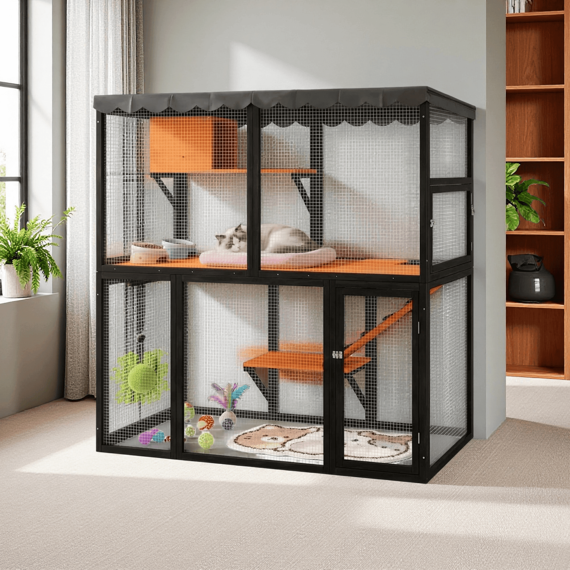 Large Wooden Catio Outdoor Cat Enclosure, 4 Tier Cat House for Multiple Cats with Waterproof Cover and Ramp, Black
