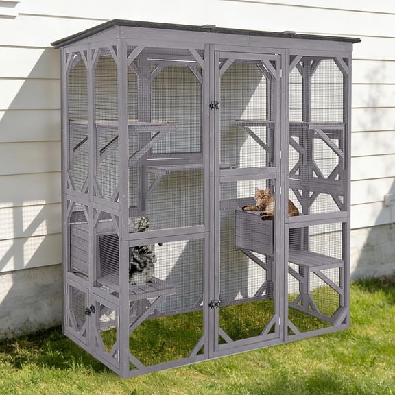 Large Wooden Catio Outdoor Cat Enclosure, Walk-in Kitty Condo with 7 Climbing Platforms, 2 Napping Houses, Expandable Window Panel & Weatherproof Asphalt Roof (Grey, Large)