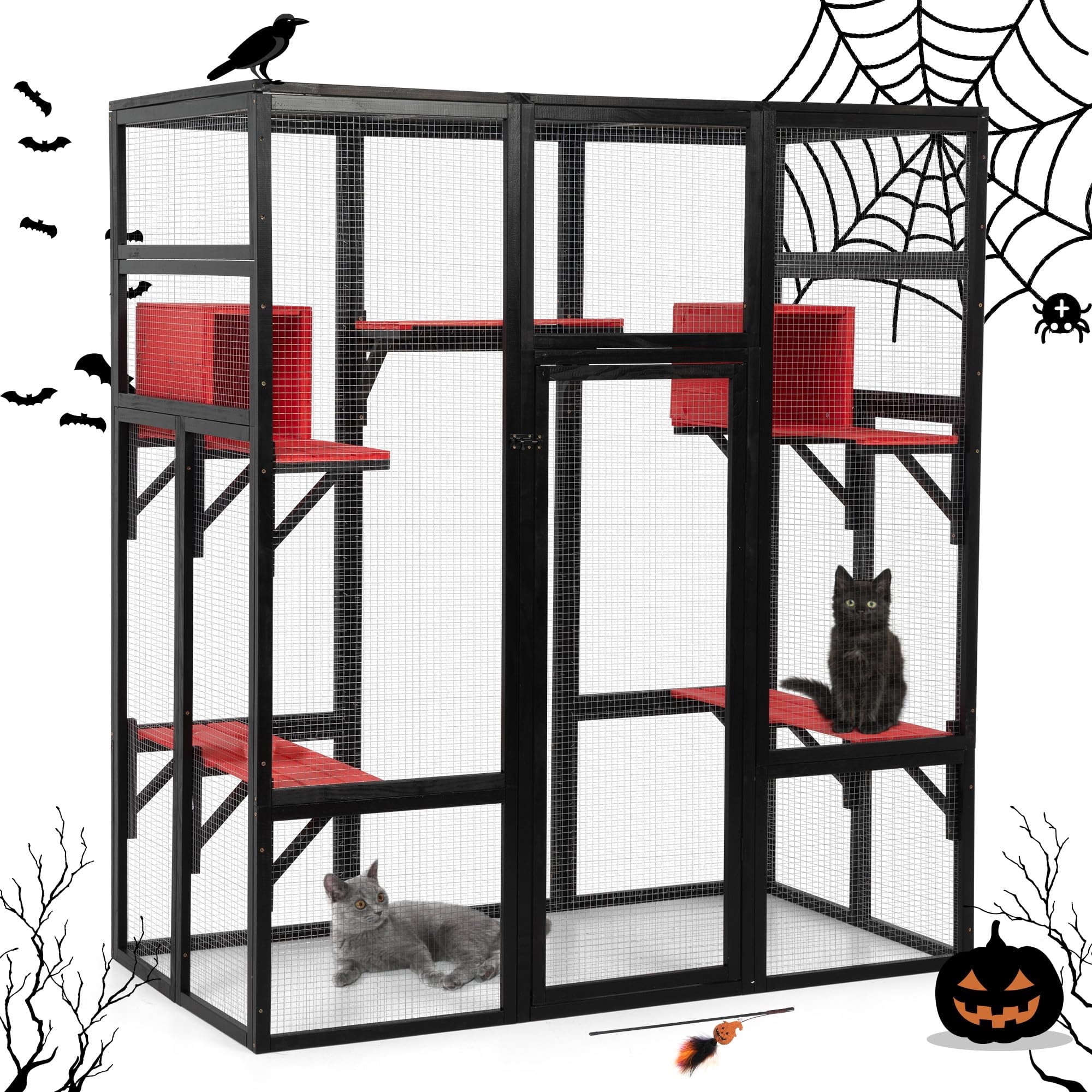 Large Wooden Catio Outdoor Enclosure for Cats with 7 Platforms 2 Resting Boxes, Spacious Indoor Cat Cage Waterproof UV Resistant Roof, Gothic Style, Black