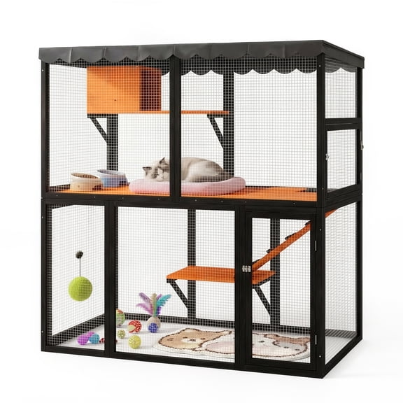 Large Wooden Catio for Multiple Cats, 4-Tier w/ Ramp & Cover